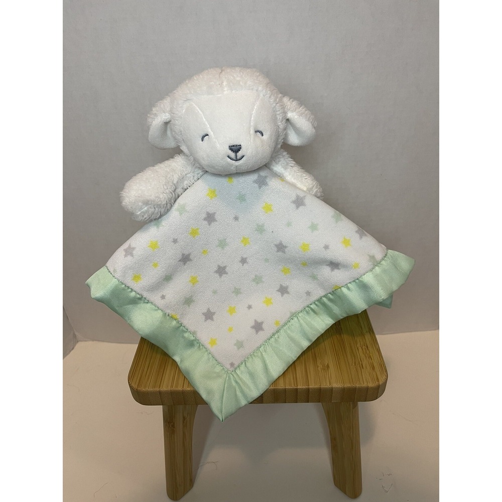 Carter's Child of Mine White Lamb Sheep Security‎ Blanket Green Stars Rattle 12"
